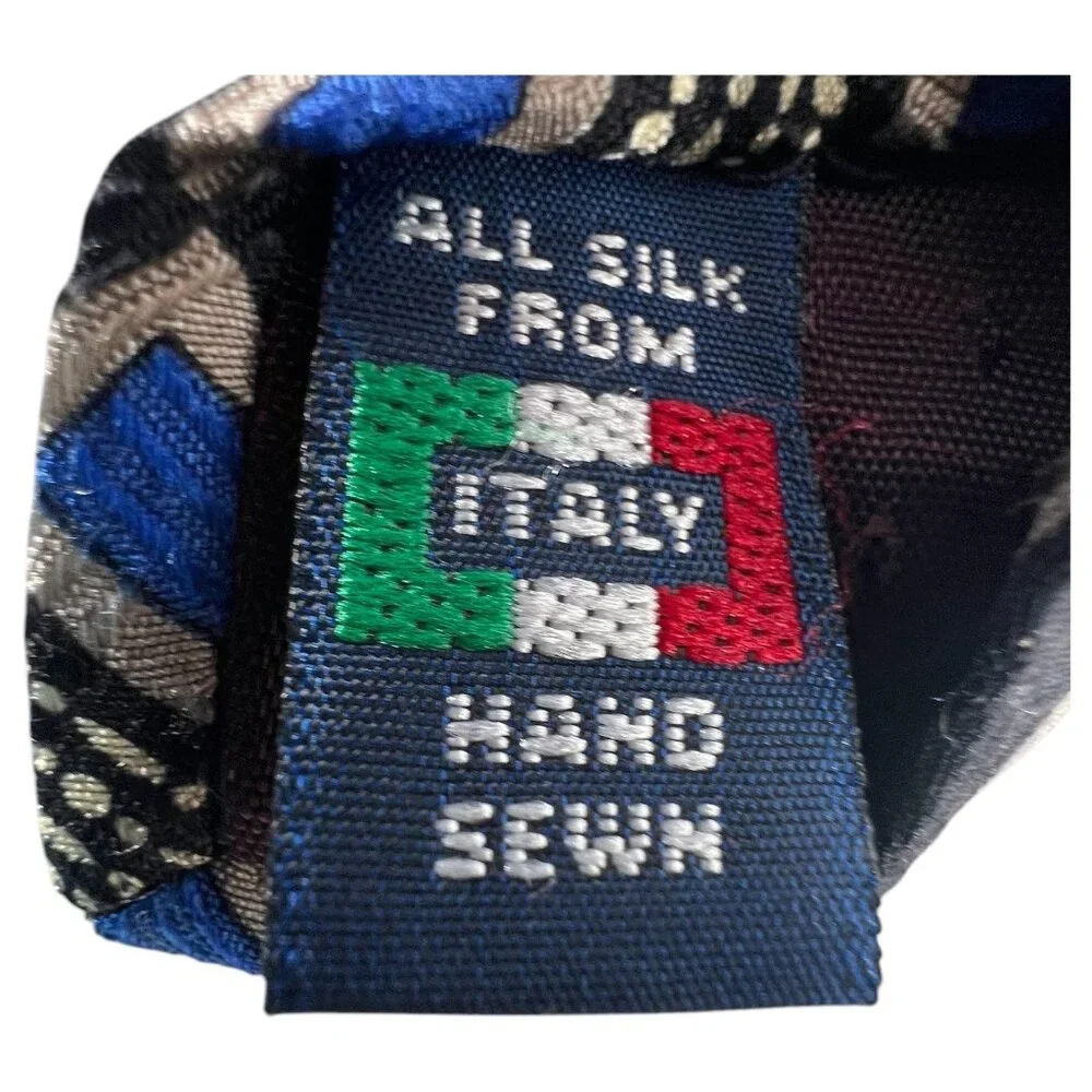 Louis Roth Mens Silk Tie Blue & Black Geometric Art Deco Pattern Hans Sewn Italy